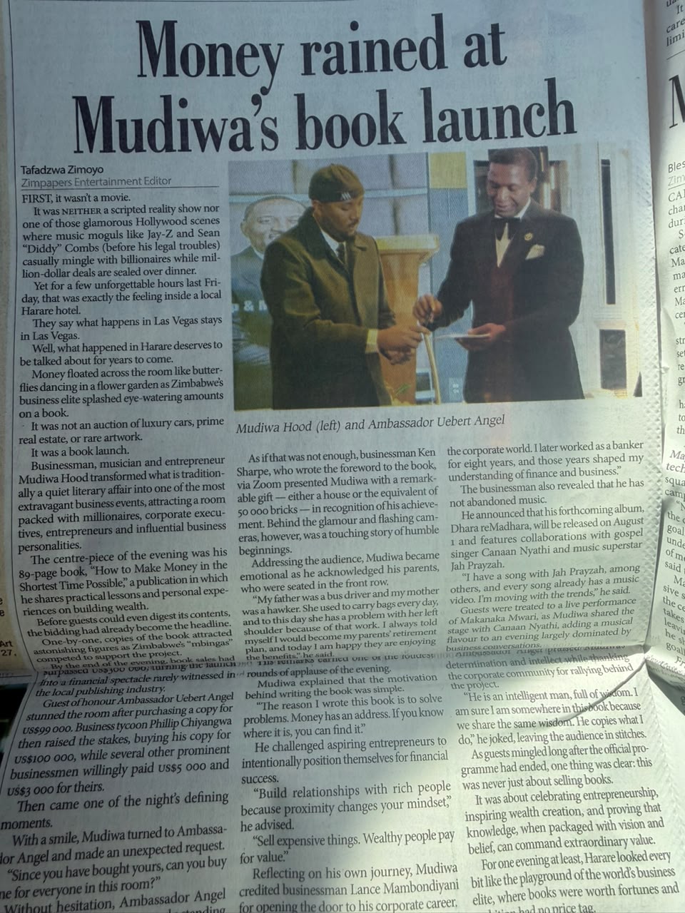Newspaper feature: Money rained at Mudiwa's book launch